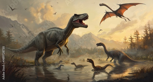 Dramatic Dinosaur Landscape with T-Rex and Flying Pterosaurs