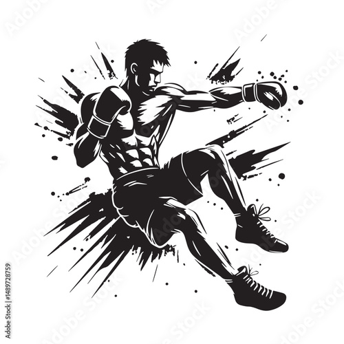 Kickboxing Silhouette line art vector illustration on white background