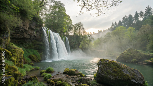 Waterfall is surrounded by trees and a body of water