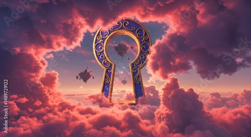 Fantasy keyhole scene with cloudy sky and floating islands dream illustration