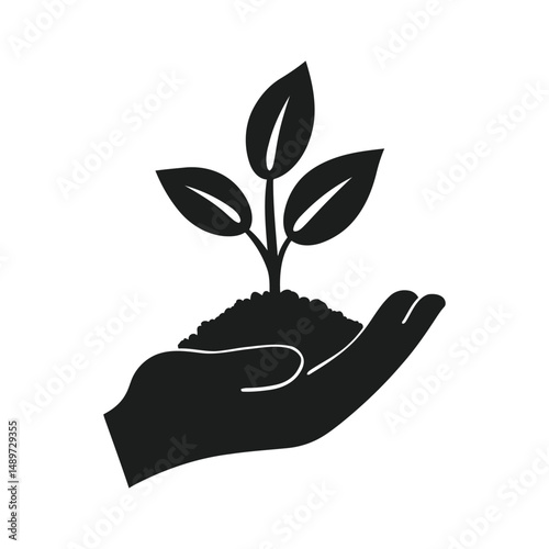 Seedling in hand vector – growing plant icon, nurturing growth vector, hand and sprout illustration, plant in hand icon, nature care, eco friendly symbol, sustainability, green energy, earth day graph