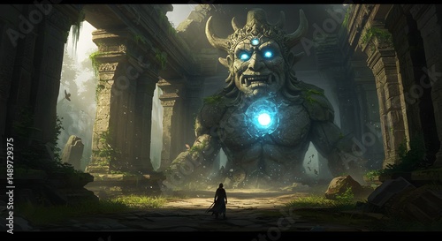 Fantasy stone giant statue in ancient ruins with person facing it