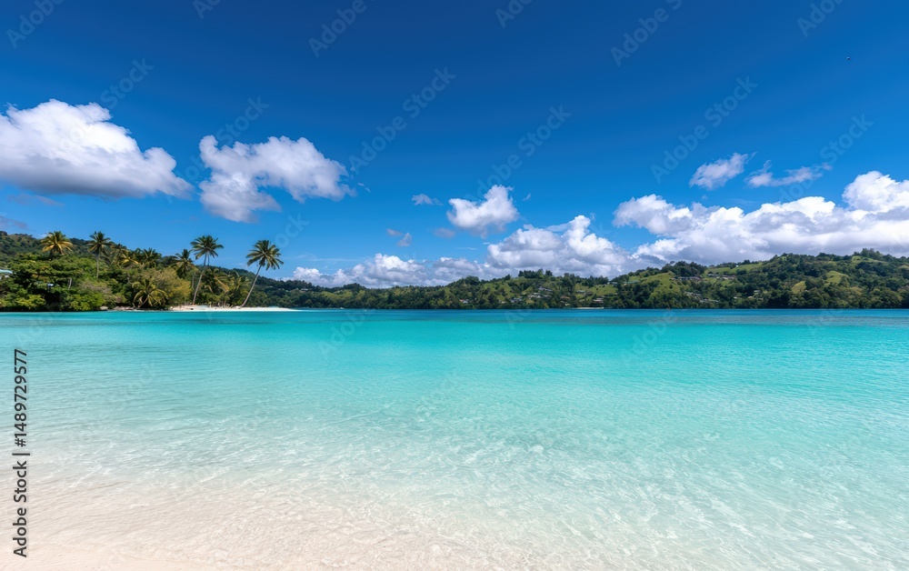 Naklejka premium Serene Tropical Beach with Crystal Clear Water and Blue Sky