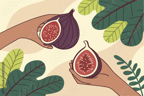 60 close up hands holding ripe figs, natural light, vibrant colors, detailed texture, lush greenery background, soft focus, high quality, professional photography