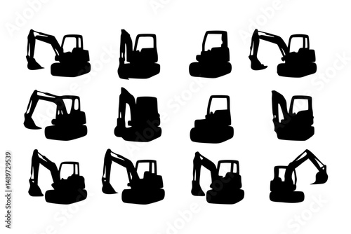 Compact excavator black silhouette icon vector illustration