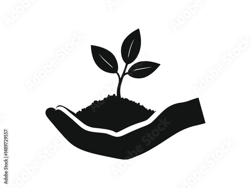 Seedling in hand vector – growing plant icon, nurturing growth vector, hand and sprout illustration, plant in hand icon, nature care, eco friendly symbol, sustainability, green energy, earth day graph