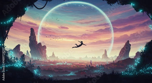Floating silhouette towards glowing sphere in a fantasy landscape