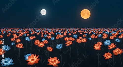 Floral field under moonlight and sunlight with a dreamy dark night sky