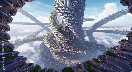 Futuristic cityscape with spiraling architecture and sustainable design