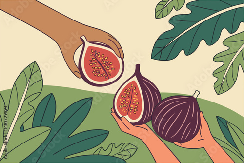 60 close up hands holding ripe figs, natural light, vibrant colors, detailed texture, lush greenery background, soft focus, high quality, professional photography