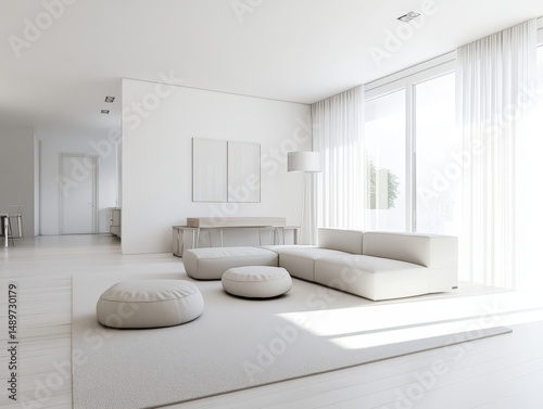 Contemporary living room features a white and bright architectural design