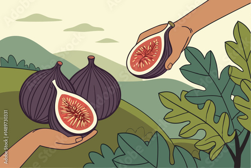 60 close up hands holding ripe figs, natural light, vibrant colors, detailed texture, lush greenery background, soft focus, high quality, professional photography