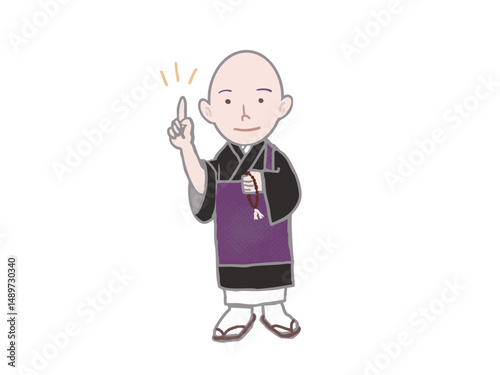 An illustration of a monk wearing a robe pointing his index finger and flashing a light