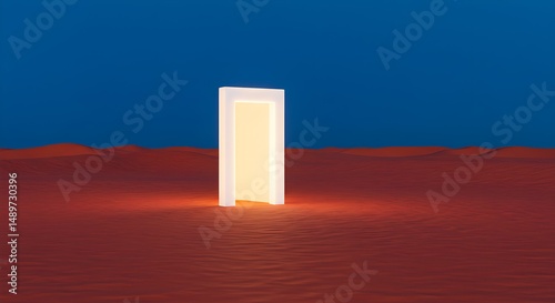 Glowing doorway in red desert landscape abstract conceptual illustration