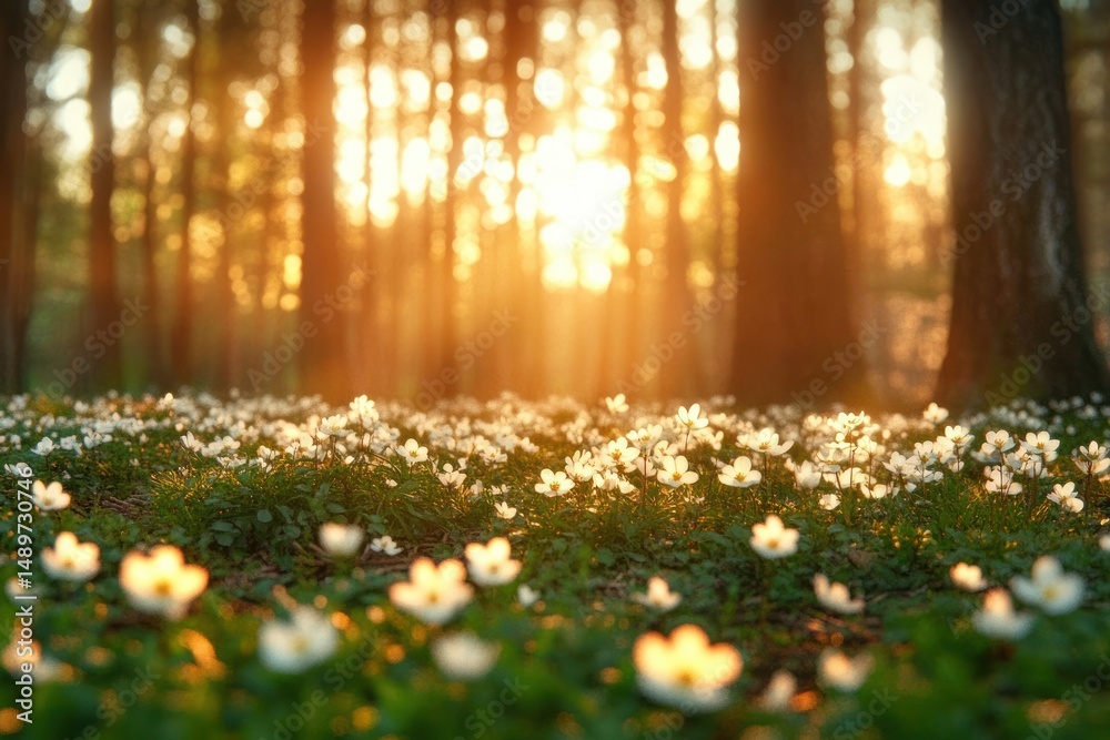 Obraz premium Sunlight filtering through tall forest trees illuminating a carpet of small white flowers in a peaceful woodland setting
