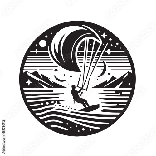 Kitesurfing Silhouette line art vector illustration on white background
