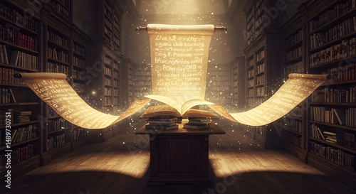 Glowing open book with scroll in dark library fantasy scene