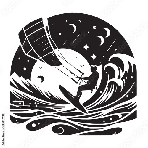 Kitesurfing Silhouette line art vector illustration on white background
