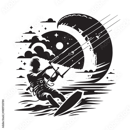 Kitesurfing Silhouette line art vector illustration on white background