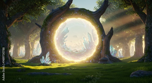 Glowing portal in enchanted forest fantasy world magical journey