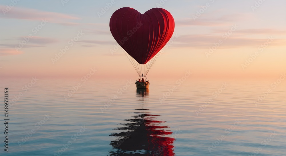 Fototapeta premium Heart shaped hot air balloon floating over water at sunset romantic getaway