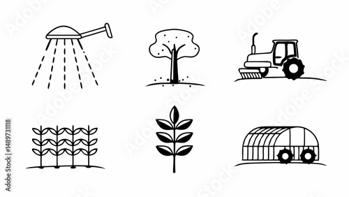 Illustration of agriculture related icons including watering can, tree, tractor, crops and greenhouse created with generated ai