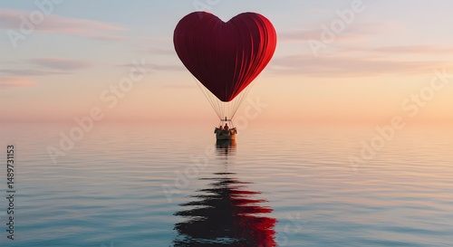 Heart shaped hot air balloon floating over water at sunset romantic getaway