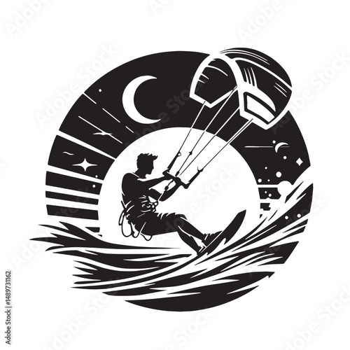 Kitesurfing Silhouette line art vector illustration on white background