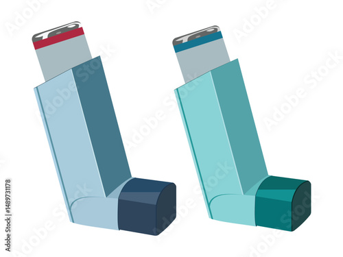 Two colorful asthma inhalers in blue and teal isolated on white background