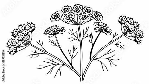 Detailed botanical illustration of dill plant with umbel flowers and delicate leaves in black and white line art created with generated ai
