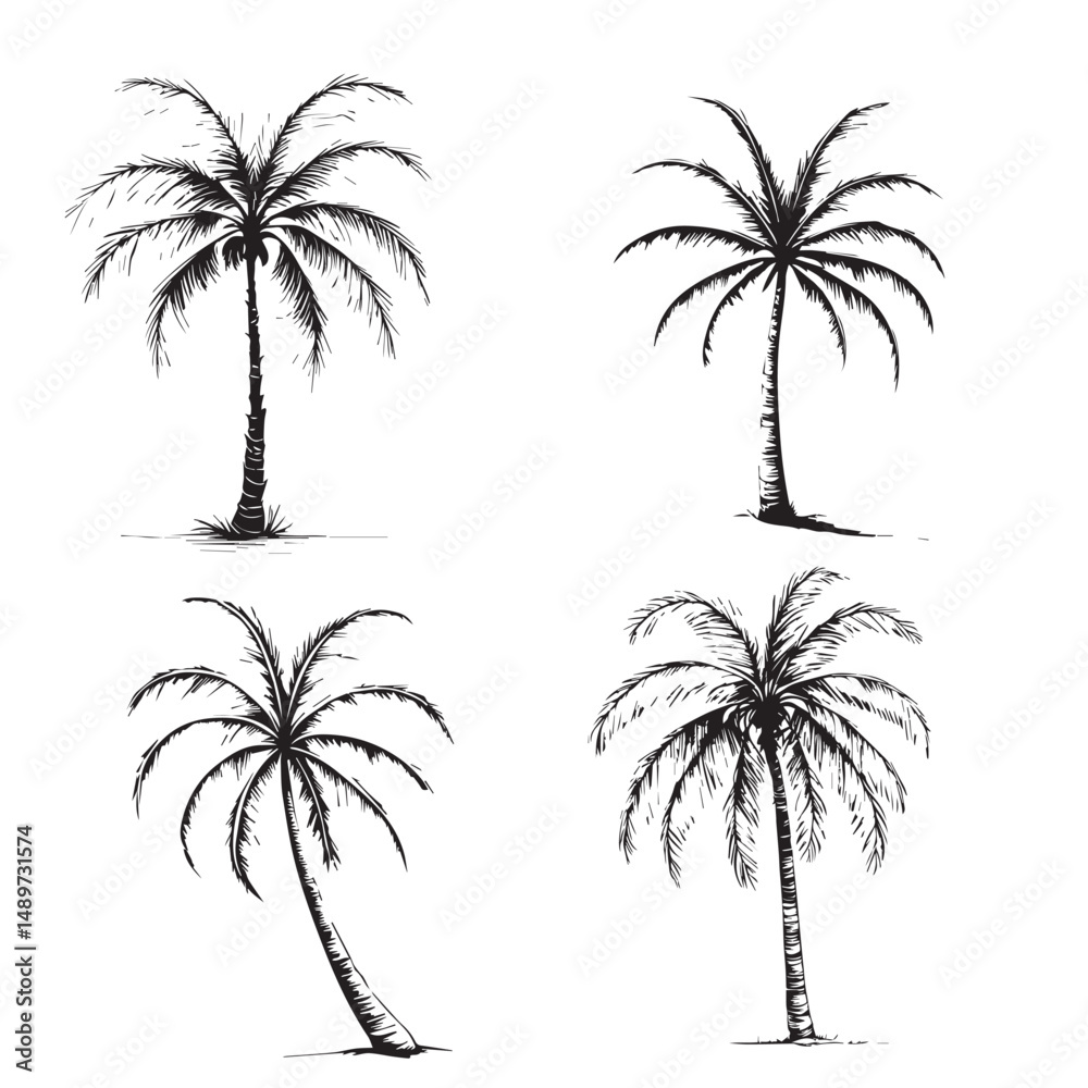 Fototapeta premium Hand-drawn Coconut tree silhouette Collections White Background