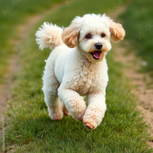 Cute white dog walking indoors during daylight in a bright and cheerful setting