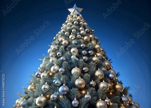 Majestic Tall Christmas Tree Decorated with Silver and Gold Ornaments
