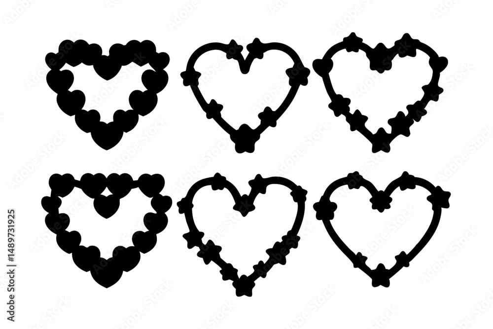 Hearts with Sparkling Stars Black Silhouette Vector Illustration
