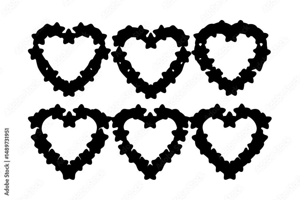Hearts with Sparkling Stars Black Silhouette Vector Illustration