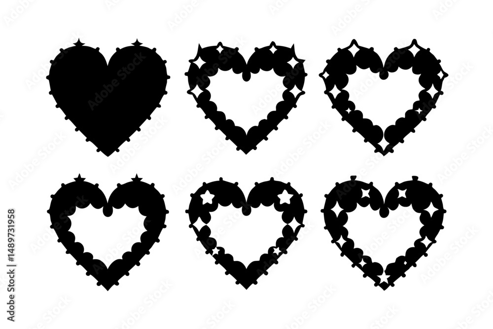 Hearts with Sparkling Stars Black Silhouette Vector Illustration