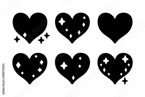 Hearts with Sparkling Stars Black Silhouette Vector Illustration