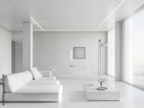 An all white minimalist interior shows a modern living room