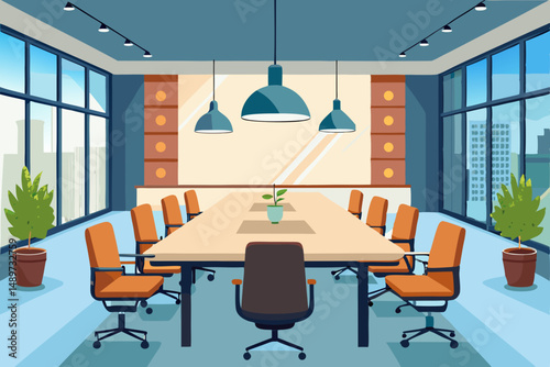 Spacious modern boardroom with large table and pendant lighting vector illustration 