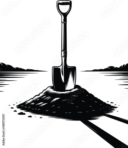 Shovel in Dirt Mound by Lake, Black and White Landscape Vector Illustration.