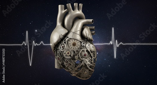 Metallic heart composed of clockwork gears and ekg rhythm on dark background