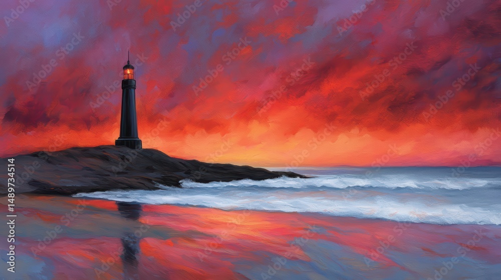 Fototapeta premium Majestic Lighthouse at Sunset with Dramatic Sky and Reflections