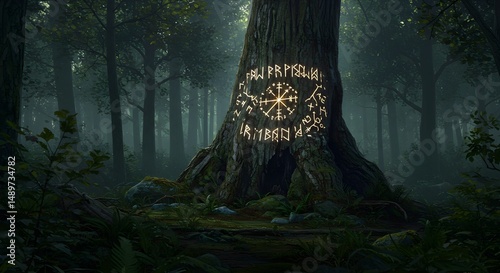 Mystical tree symbol in dark forest fantasy folklore illustration