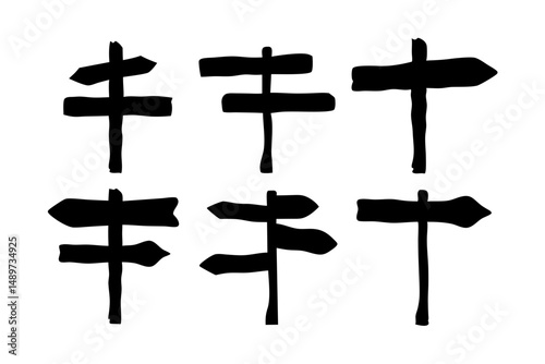 Signboard Wooden Direction Sign Black Silhouette Vector Illustration