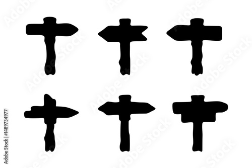 Signboard Wooden Direction Sign Black Silhouette Vector Illustration