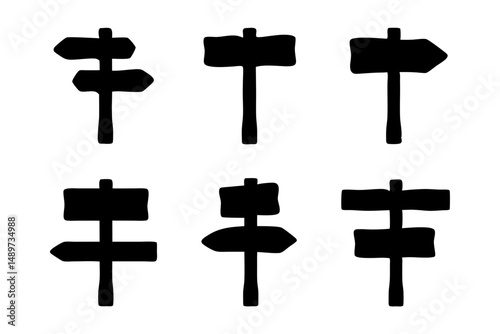 Signboard Wooden Direction Sign Black Silhouette Vector Illustration