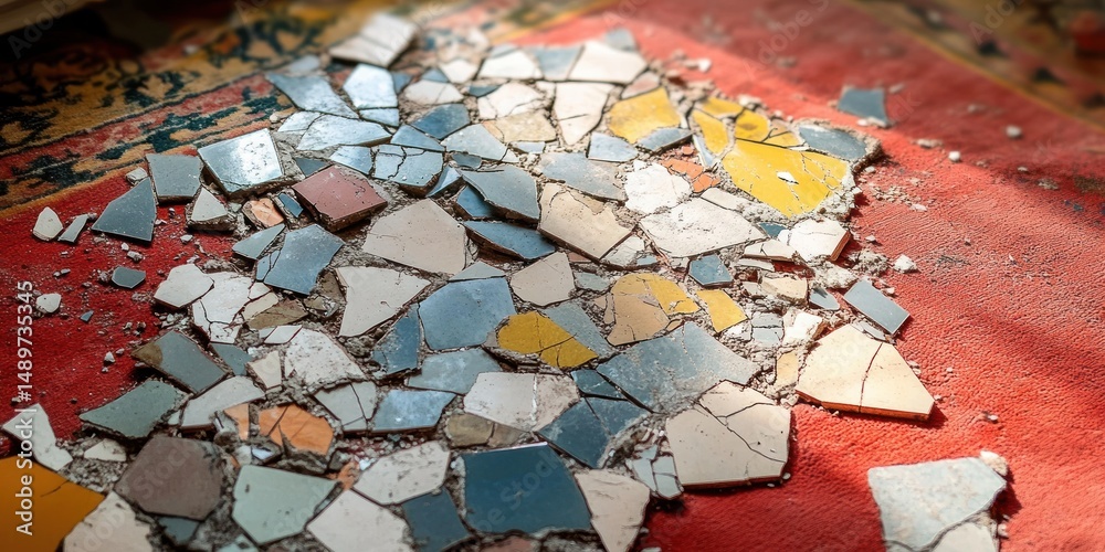 Fototapeta premium Scattered broken ceramic tiles of various colors including blue, yellow, white, and brown spread across a red textured surface, illuminated by soft natural light