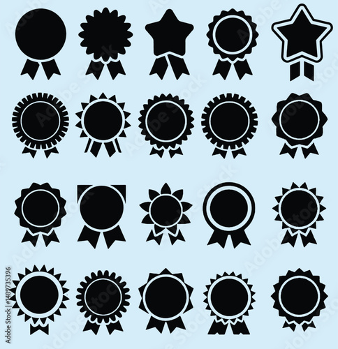 Diverse set of black and white award-like shapes, featuring ribbons and various forms.  These shapes are suitable for use as icons, badges, or decorative elements in a design.