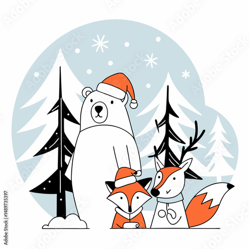 Cute animal characters (bear, fox, deer) wearing Santa hats in a snowy forest scene.
