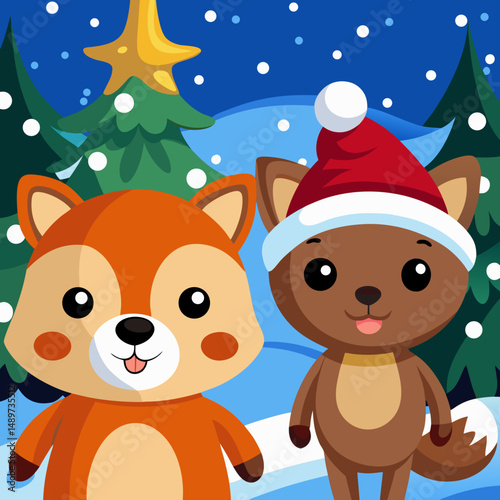 Cute animal characters (bear, fox, deer) wearing Santa hats in a snowy forest scene.